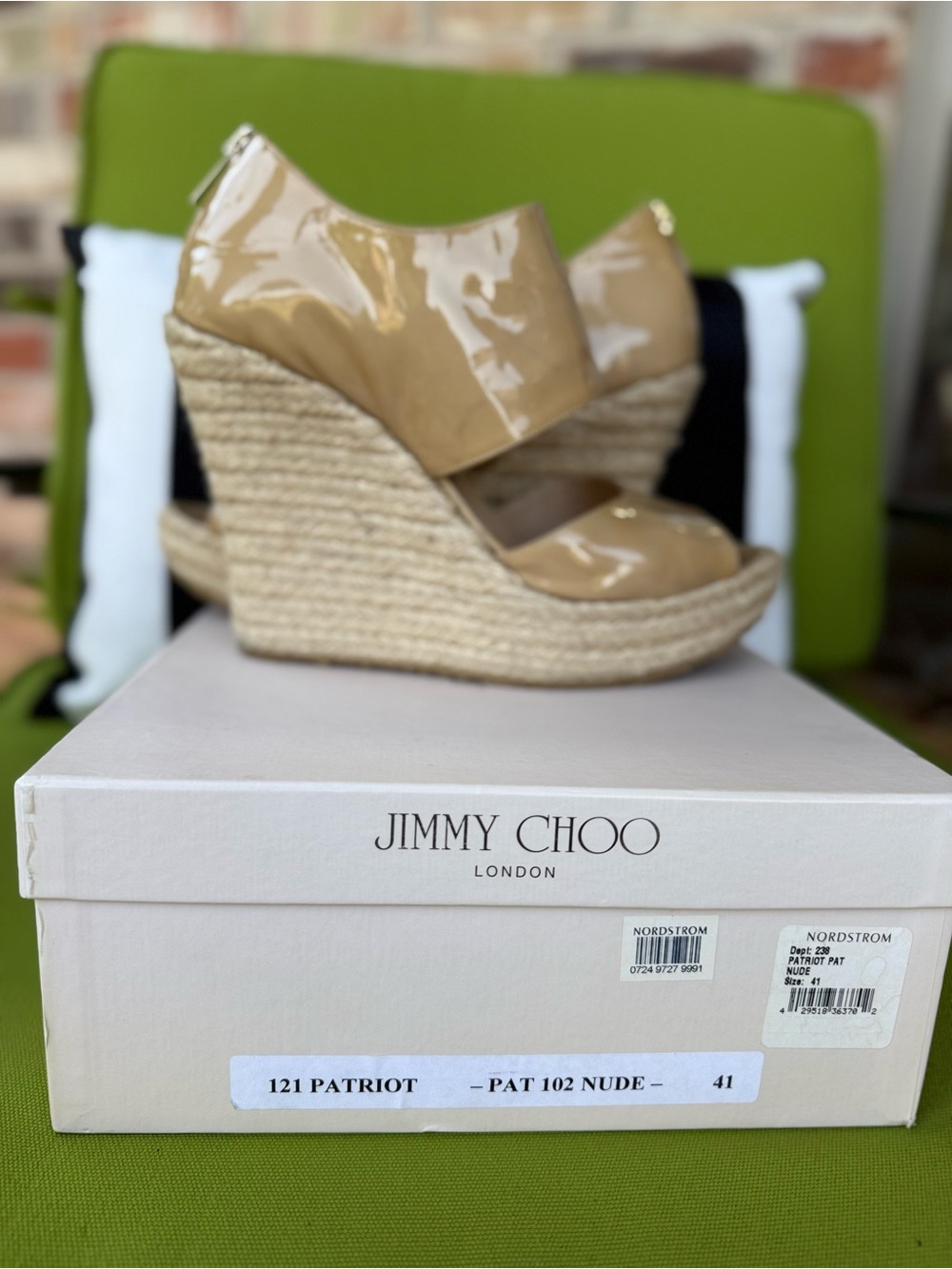 Jimmy Choo Nude Patent Espadrille Wedge Sandals with Peep Toe